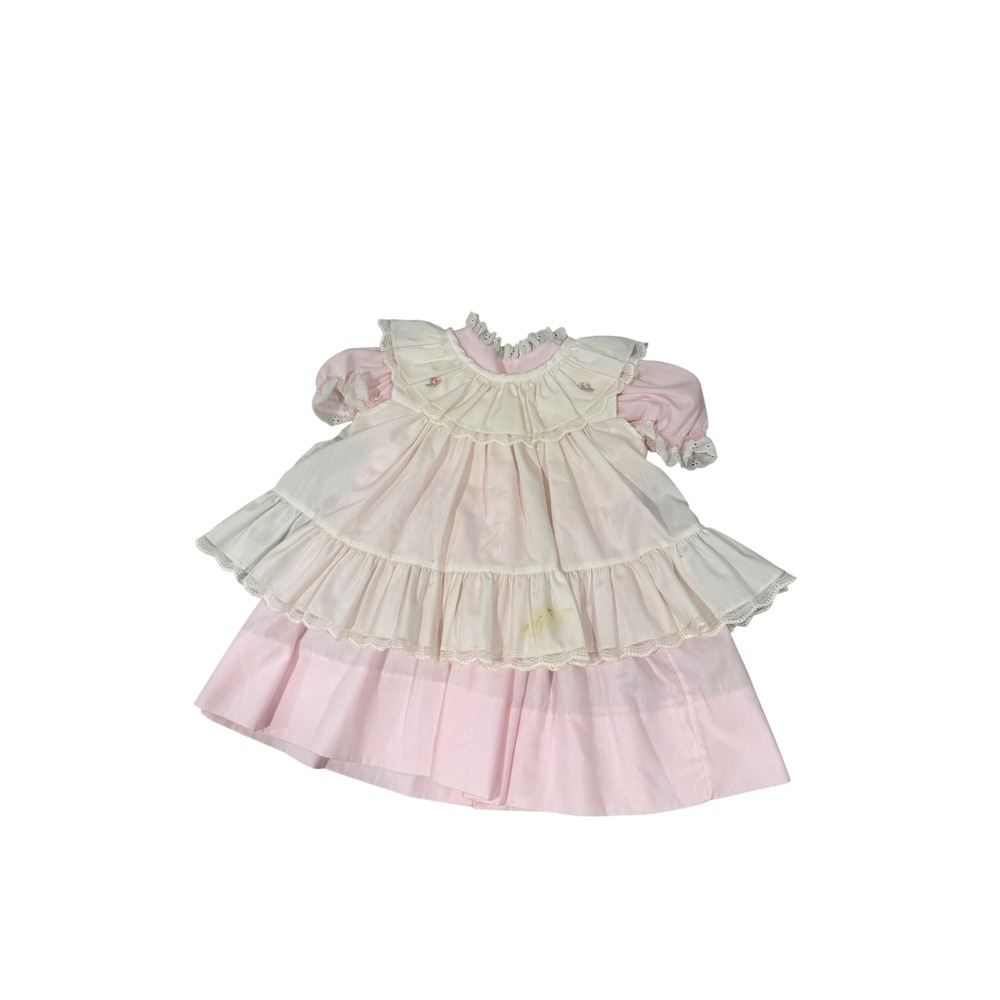 Vintage Bryan Baby Girls Pink White Ruffle Lace Pinafore Dress 3T Made in USA